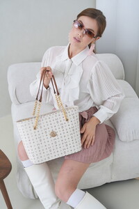  Bilik Deri Monogram Beyaz-Taba Kadın Omuz Çantası NV 1006-MN