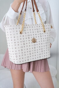  Bilik Deri Monogram Beyaz-Taba Kadın Omuz Çantası NV 1006-MN