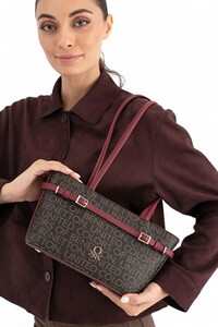 Benetton Monogram Kahve-Bordo Kadın Omuz Çantası BNT1663