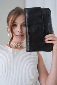  Bilik Deri Hakiki Deri Siyah-Yılan-Baskılı Kadın Portföy Ve Clutch Çanta CA01 008-15